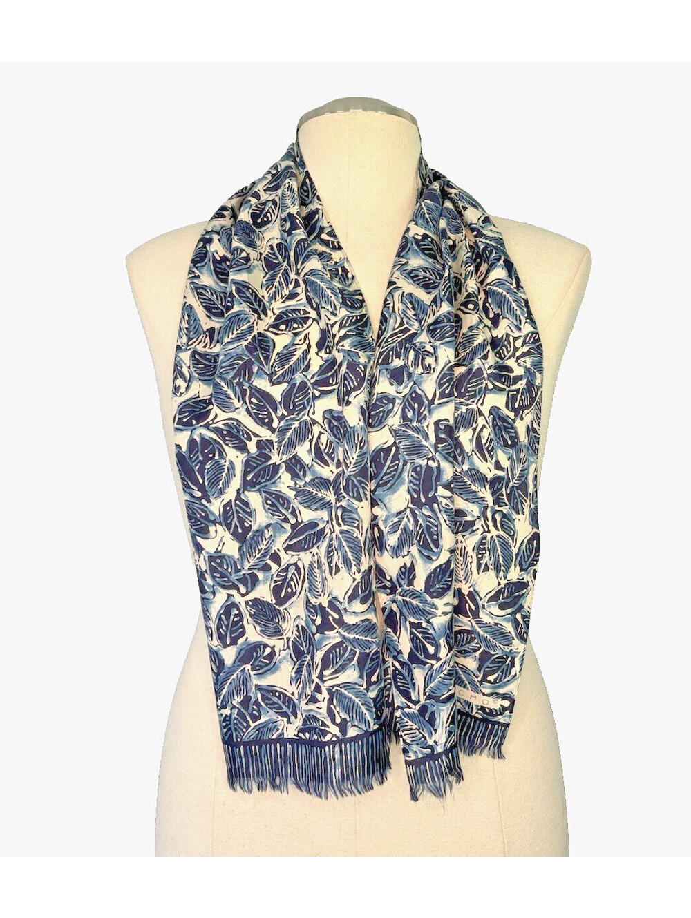 Vintage 1990's Echo Silk Scarf Blue Leaf Fringe Hand Rolled 10.5"x52" EUC